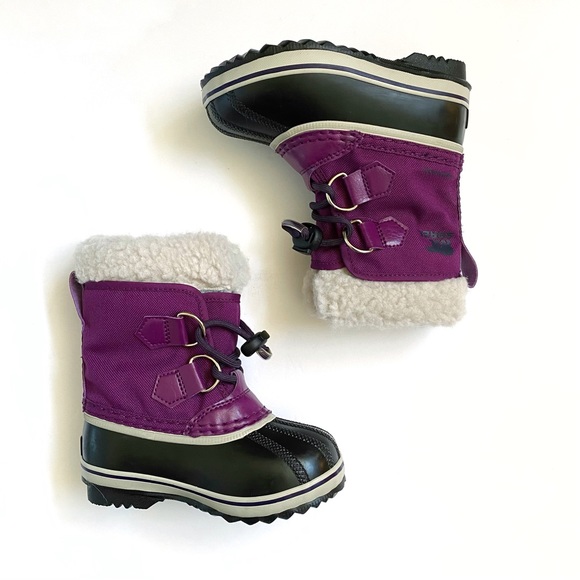 SOREL kids iris plum purple black yoot pac nylon rubber fur trim snow boots - Picture 3 of 11